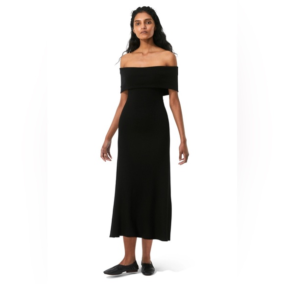 Mara Hoffman Imogen Black Off-Shoulder Ribbed Midi Dress Size S